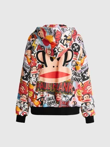 Paul Frank X ROMWE Fashion Street Graffiti Print Loose Open Front Sweatshirt - Multicolor - View 9