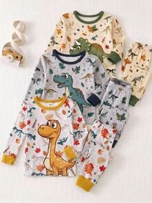 Bộ đồ ngủ bé trai ôm vừa vặn, họa tiết động vật hoạt hình, áo chui đầu dệt kim mềm cổ tròn tay dài và quần dài lưng thun, set 2 món - Xám - Xem 7