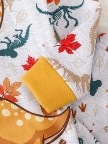 Bộ đồ ngủ bé trai ôm vừa vặn, họa tiết động vật hoạt hình, áo chui đầu dệt kim mềm cổ tròn tay dài và quần dài lưng thun, set 2 món - Xám - Xem 6