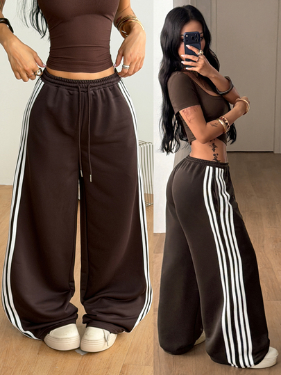 Coolane Women's Plus Size Fall Winter Formal Elegant Daily Wear Casual Streetwear Baggy Mid Rise Wide Leg Elastic Waistband Brown Sweatpants Halloween
