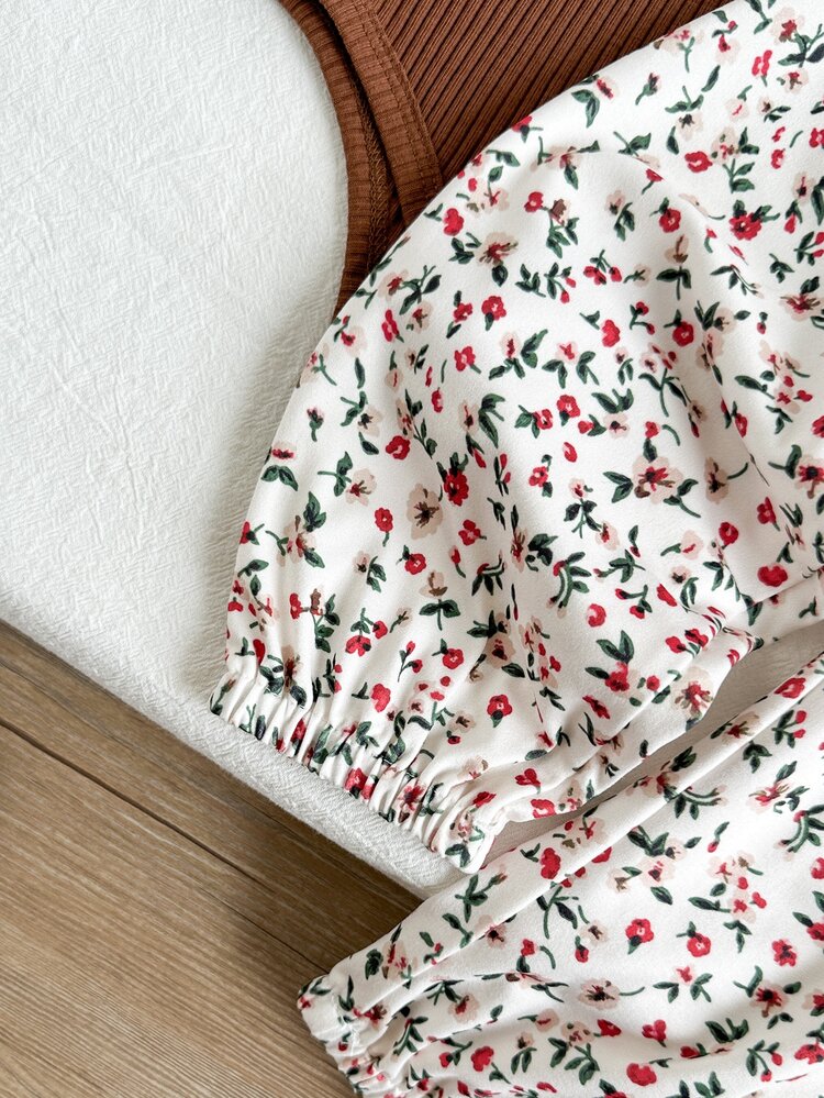 SHEIN Bộ quần áo bé gái mùa xuân/thu, bodysuit tay dài bèo nhún in nơ dễ thương phối gia đình, quần dài casual màu nâu chocolate và trắng kem - Màu Khaki - Xem 6