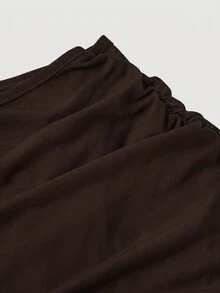 Skyraze Women's Solid Color Asymmetric Collar Flare Sleeve Mesh Patchwork Mini Dress - Chocolate Brown - View 6