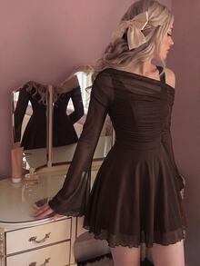 Skyraze Women's Solid Color Asymmetric Collar Flare Sleeve Mesh Patchwork Mini Dress - Chocolate Brown - View 1