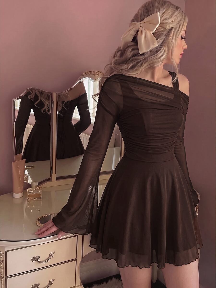 Skyraze Women's Solid Color Asymmetric Collar Flare Sleeve Mesh Patchwork Mini Dress - Chocolate Brown - View 1