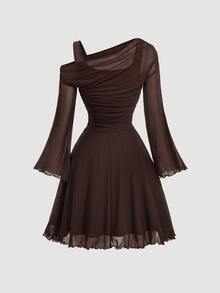 Skyraze Women's Solid Color Asymmetric Collar Flare Sleeve Mesh Patchwork Mini Dress - Chocolate Brown - View 5