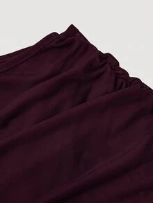 Skyraze Women's Solid Color Asymmetric Collar Flare Sleeve Mesh Patchwork Mini Dress - Maroon - View 6