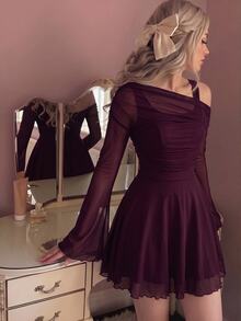 Skyraze Women's Solid Color Asymmetric Collar Flare Sleeve Mesh Patchwork Mini Dress - Maroon - View 4