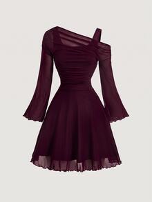 Skyraze Women's Solid Color Asymmetric Collar Flare Sleeve Mesh Patchwork Mini Dress - Maroon - View 2