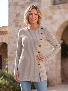 Hansera Women's Button Front Knit Sweater, Casual Long Sleeve Round Neck Solid Color Loose Fit Cover Up Top - Apricot - View 7