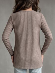 Hansera Women's Button Front Knit Sweater, Casual Long Sleeve Round Neck Solid Color Loose Fit Cover Up Top - Apricot - View 2