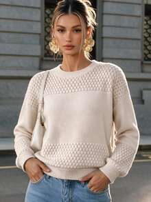 Ritzy Row Women Crew Neck Drop Shoulder Loose Textured Knit Pullover Sweater, Basic Casual Fall Winter Long Sleeve Top - Apricot - View 7