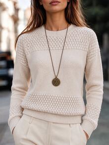 Ritzy Row Women Crew Neck Drop Shoulder Loose Textured Knit Pullover Sweater, Basic Casual Fall Winter Long Sleeve Top - Apricot - View 3