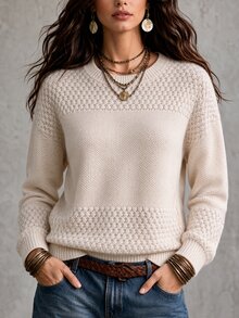 Ritzy Row Women Crew Neck Drop Shoulder Loose Textured Knit Pullover Sweater, Basic Casual Fall Winter Long Sleeve Top - Apricot - View 2