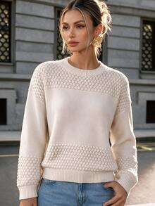 Ritzy Row Women Crew Neck Drop Shoulder Loose Textured Knit Pullover Sweater, Basic Casual Fall Winter Long Sleeve Top - Apricot - View 6
