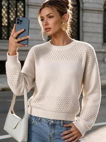 Ritzy Row Women Crew Neck Drop Shoulder Loose Textured Knit Pullover Sweater, Basic Casual Fall Winter Long Sleeve Top - Apricot - View 9