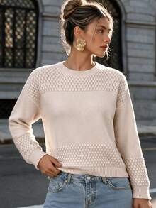 Ritzy Row Women Crew Neck Drop Shoulder Loose Textured Knit Pullover Sweater, Basic Casual Fall Winter Long Sleeve Top - Apricot - View 5