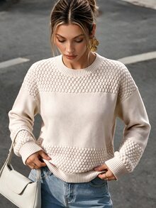Ritzy Row Women Crew Neck Drop Shoulder Loose Textured Knit Pullover Sweater, Basic Casual Fall Winter Long Sleeve Top - Apricot - View 4