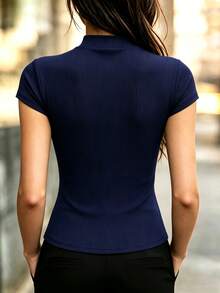 SHEIN Pure Black Vertical Ribbed Stand Collar Asymmetric Placket 3 Metal Frog Button Short Sleeve T-Shirt, Slim Fit Waist-Cinching Figure-Flattering New Chinese Style Modified Cheongsam Top, Versatile For Daily Commute - Navy Blue - View 2