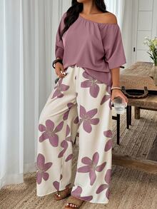 Weeklong Setelan 2 Potong Atasan Leher Asimetris Warna Polos dan Celana Motif Bunga untuk Musim Panas Ukuran Plus - MultiWarna - View 3