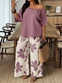 Weeklong Setelan 2 Potong Atasan Leher Asimetris Warna Polos dan Celana Motif Bunga untuk Musim Panas Ukuran Plus - MultiWarna - View 7