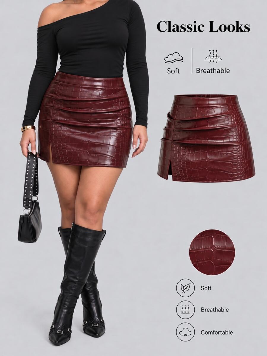 Sweetra تنورة ميني من جلد البولي يوريثان مجعدة بمقاس كبير، تنورة ضيقة بتصميم A-Line لتنحيف الجسم للنساء في فصل الخريف - عنابي اللون - مشاهدة 1