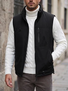 DAZY Men's Solid Color Zipper Casual Versatile Vest Jacket - Black - View 5