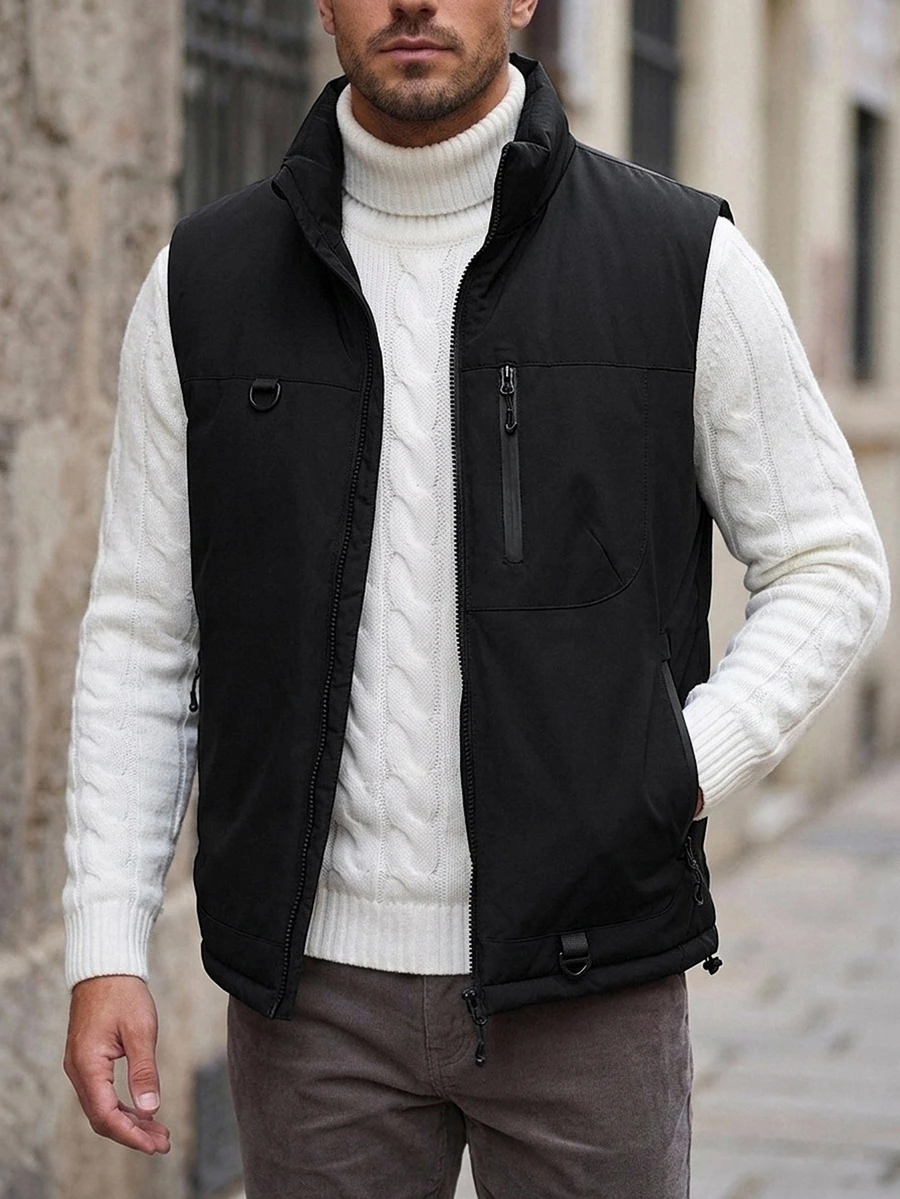 DAZY Men's Solid Color Zipper Casual Versatile Vest Jacket - Black - View 1