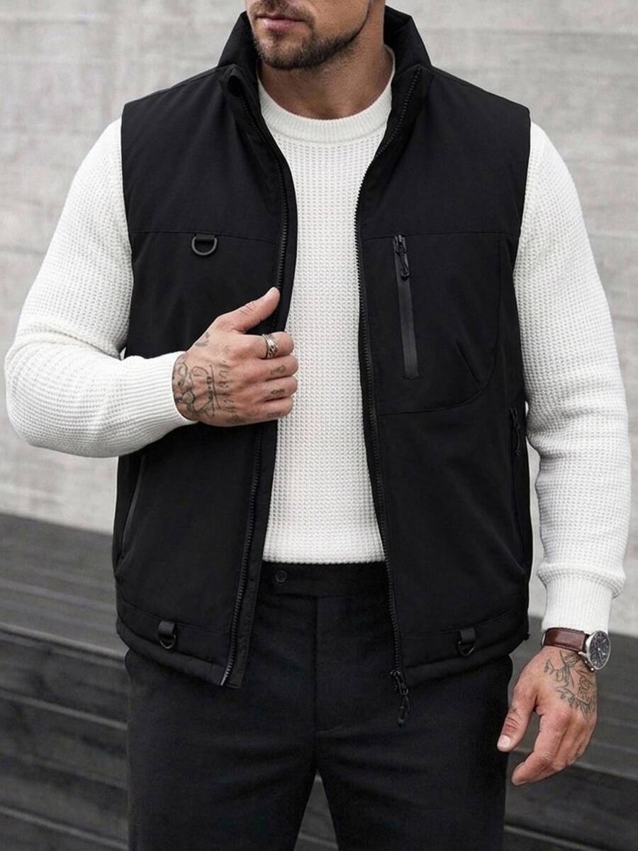 DAZY Men's Solid Color Zipper Casual Versatile Vest Jacket - Black - View 1