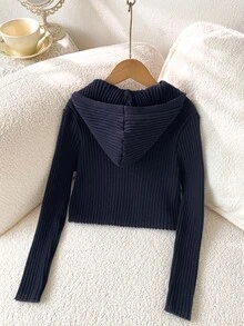 SHEIN Tween Girl Simple Casual All-Match Versatile Zipper Long Sleeve Hooded Knit Cardigan School Off Campus Fall - Navy Blue - View 2