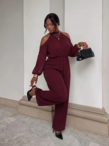 Firerie Plus Size Solid Color Cold Shoulder Long Sleeve Fashion Wide Leg Jumpsuit Cocktail Party Formal Burgundy Autumn, Fall/Winter, Thanksgiving, New Year - Red Violet - View 3