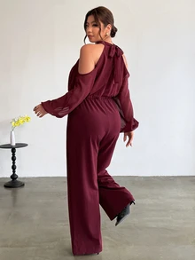 Firerie Plus Size Solid Color Cold Shoulder Long Sleeve Fashion Wide Leg Jumpsuit Cocktail Party Formal Burgundy Autumn, Fall/Winter, Thanksgiving, New Year - Red Violet - View 4