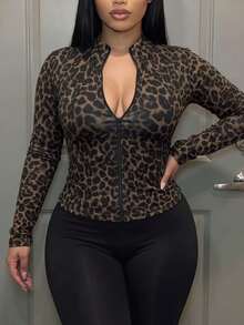 Slaydiva 2026 Autumn New Plus Size Y2K Leopard Print Front Zipper Slim Fit Long Sleeve T-Shirt Suitable For Spring And Autumn - White - View 3