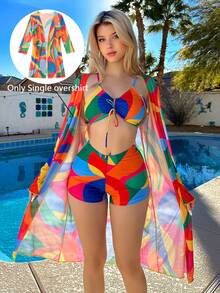 SHEIN Swim 女款彩色幾何印花長袖海灘和服式泳裝罩衫，度假泳衣外罩單件上衣 - 彩色 - 查看 1