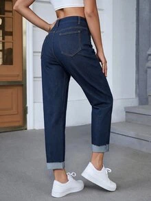 Selenza Women's Pocket Frayed Hem Button Versatile Summer Jeans Graduation Navy Blue Casual School - Blue - View 8