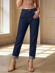 Selenza Women's Pocket Frayed Hem Button Versatile Summer Jeans Graduation Navy Blue Casual School - Blue - View 2
