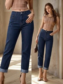 Selenza Women's Pocket Frayed Hem Button Versatile Summer Jeans Graduation Navy Blue Casual School - Blue - View 1