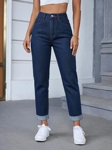 Selenza Women's Pocket Frayed Hem Button Versatile Summer Jeans Graduation Navy Blue Casual School - Blue - View 7
