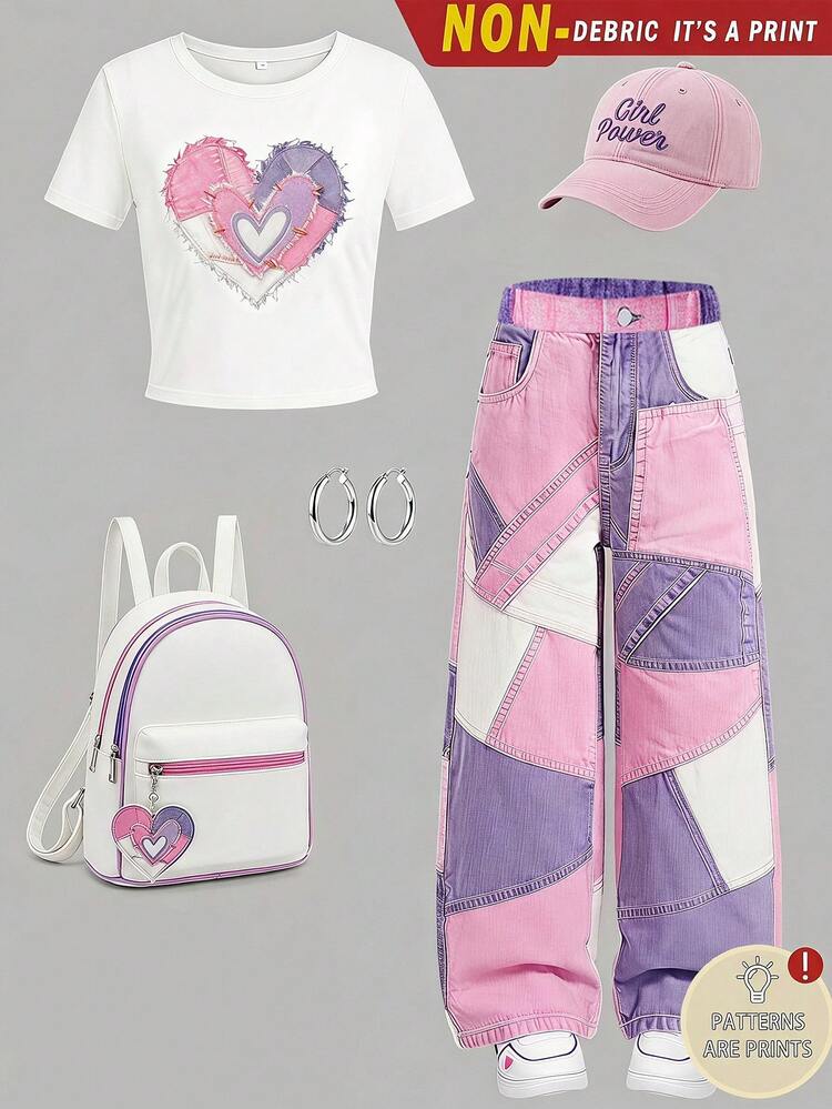 SHEIN Tween Girls Vintage Streetwear Y2k Pink Purple Heart Patchwork Casual Short Sleeve Crew Neck Pullover T-Shirt Sixth Form Formal Holiday Gifts Summer - Multicolor - View 2