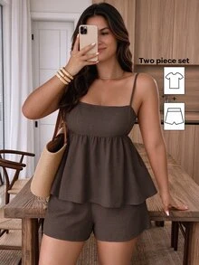 Weeklong Plus Size Solid Color Square Neck Ruffle Trim Camisole 2 Pieces Set - Coffee Brown - View 1