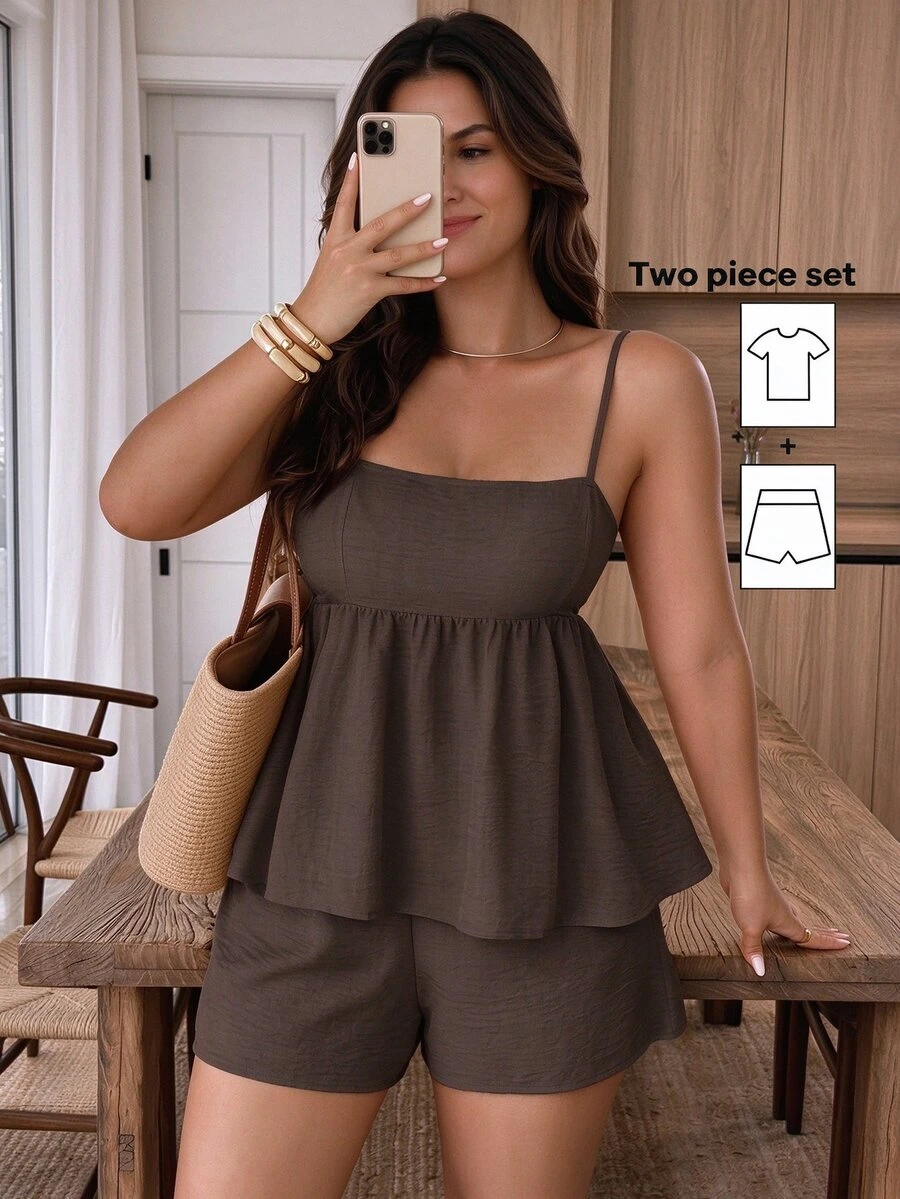 Weeklong Plus Size Solid Color Square Neck Ruffle Trim Camisole 2 Pieces Set - Coffee Brown - View 1