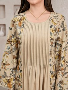 Al Najma 女款端莊優雅 Filipiniana 編織布料長洋裝，圓領長袖，百褶花卉印花細節，Ninang 婚禮辦公米色秋季款 - 彩色 - 查看 5