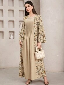 Al Najma 女款端莊優雅 Filipiniana 編織布料長洋裝，圓領長袖，百褶花卉印花細節，Ninang 婚禮辦公米色秋季款 - 彩色 - 查看 2