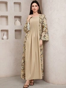 Al Najma 女款端莊優雅 Filipiniana 編織布料長洋裝，圓領長袖，百褶花卉印花細節，Ninang 婚禮辦公米色秋季款 - 彩色 - 查看 3