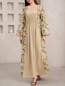 Al Najma 女款端莊優雅 Filipiniana 編織布料長洋裝，圓領長袖，百褶花卉印花細節，Ninang 婚禮辦公米色秋季款 - 彩色 - 查看 6