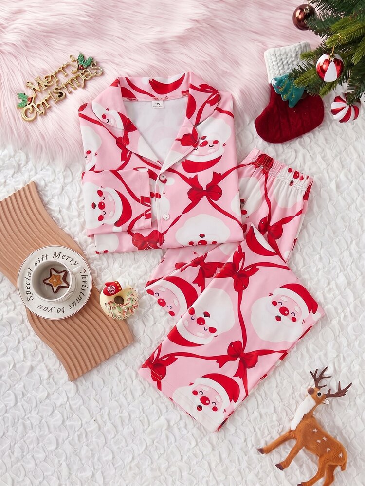 2pcs/Set Girls Casual Minimalist Santa Claus Bow Print Long Sleeve Cardigan And Pants Loungewear Pajama Set, Lazy Home Style, Perfect Gift For Girls - Multicolor - View 9