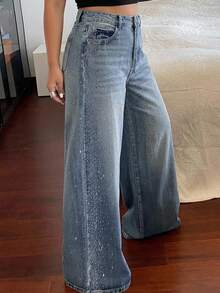 Dazy Plus Western Cowboy Distressed Washed Faded Rhinestone Decor Casual Vacation Summer Wide Leg Jeans All Season - Medium Wash - View 1