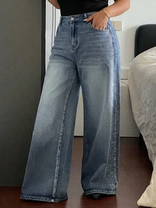 Dazy Plus Western Cowboy Distressed Washed Faded Rhinestone Decor Casual Vacation Summer Wide Leg Jeans All Season - Medium Wash - View 2