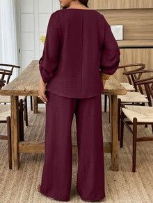 Weeklong Women's Plus Size Spring/Summer Casual Mid-Sleeve Button Decor V-Neck Shirt And Straight Leg Pants 2-Piece Set, Suitable For Daily And Vacation Wear - Burgundy - View 2
