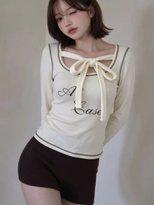 FRIFUL Women's Letter Print Long Sleeve Casual Graphic Versatile T-Shirt Everyday Date White Fall - Beige - View 3