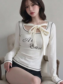 FRIFUL Women's Letter Print Long Sleeve Casual Graphic Versatile T-Shirt Everyday Date White Fall - Beige - View 1